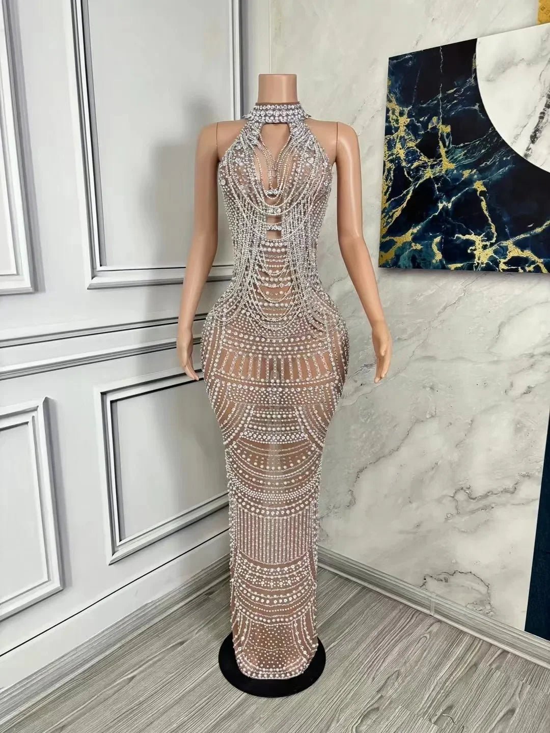 Elegant Pearl Rhinestone Mesh Gown for Events - GirlnamedParis