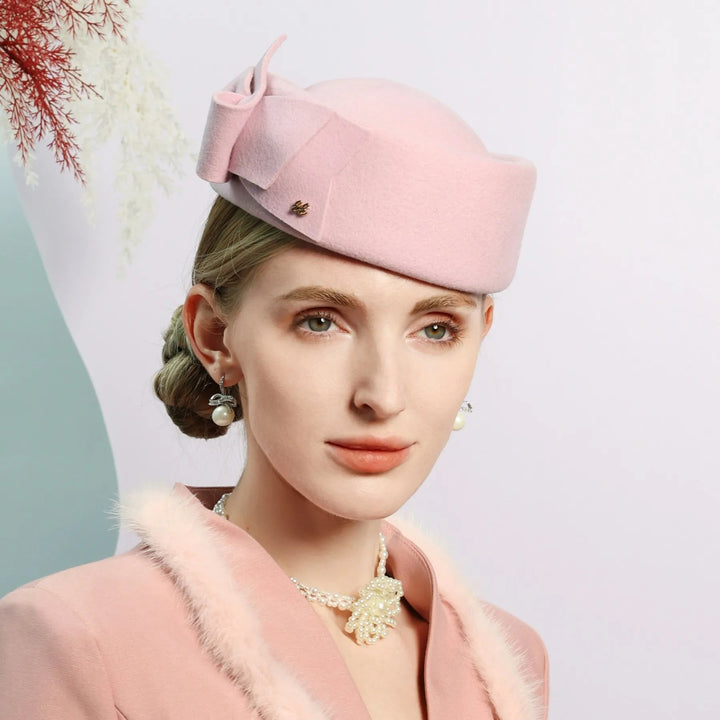 Elegant Pink Wool Pillbox Hat with Bowknot for 2024 - GirlnamedParis