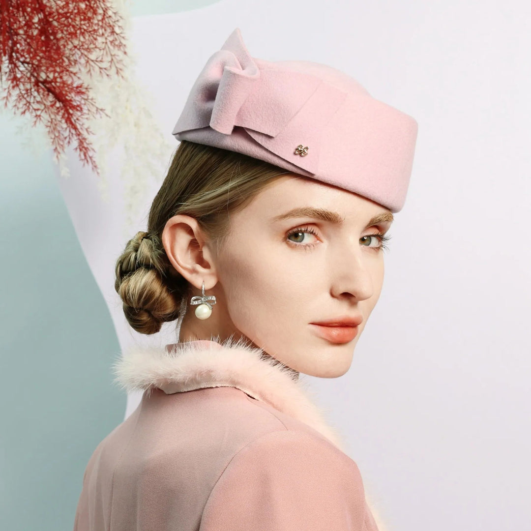 Elegant Pink Wool Pillbox Hat with Bowknot for 2024 - GirlnamedParis