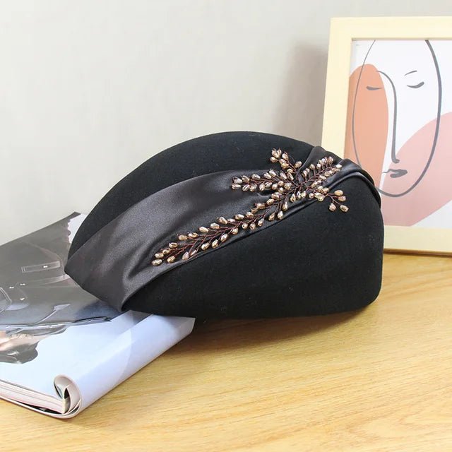 Elegant Rhinestone Wool Felt Pumpkin Beret Hat - GirlnamedParis