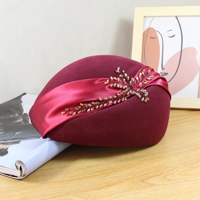 Elegant Rhinestone Wool Felt Pumpkin Beret Hat - GirlnamedParis