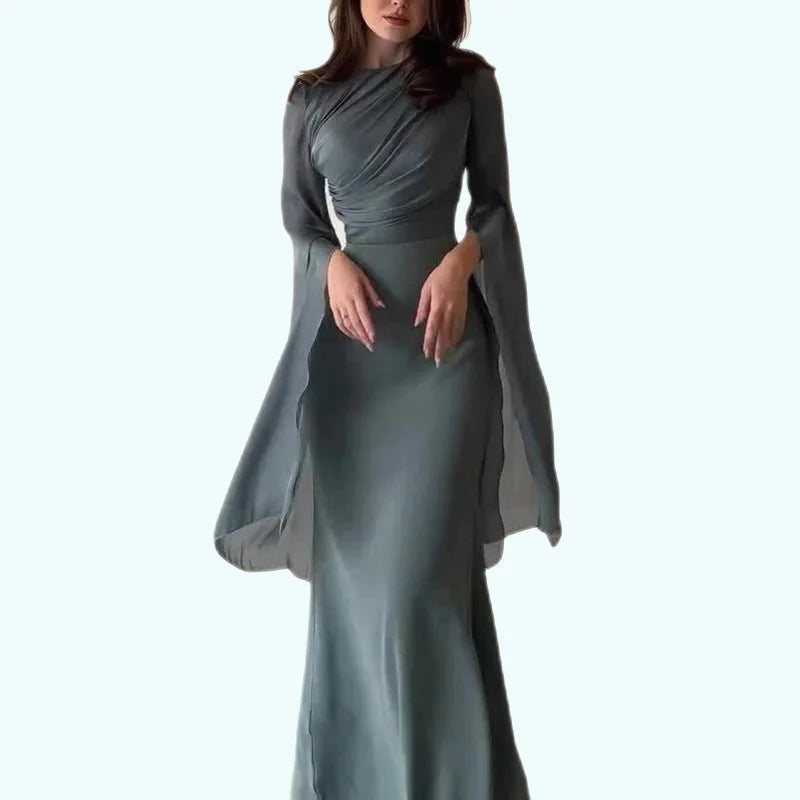 Elegant Satin Batwing Sleeve HighWaist Evening Dress - GirlnamedParis