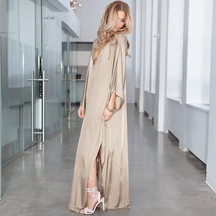 Elegant Satin Crisscross VNeck Maxi Kaftan Dress - GirlnamedParis