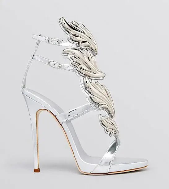 Elegant Silver High Heel Sandals with Gold Leaf Accent - GirlnamedParis