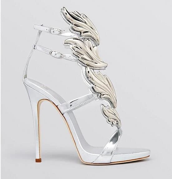 Elegant Silver High Heel Sandals with Gold Leaf Accent - GirlnamedParis