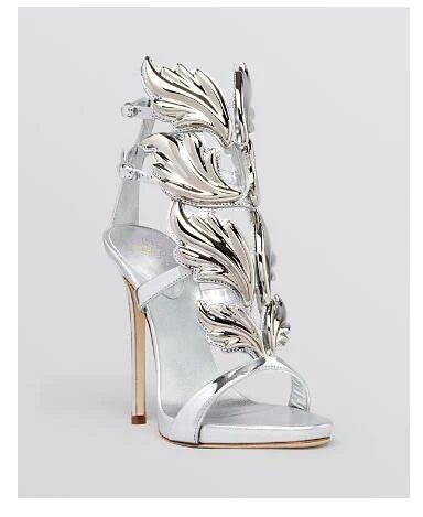 Elegant Silver High Heel Sandals with Gold Leaf Accent - GirlnamedParis