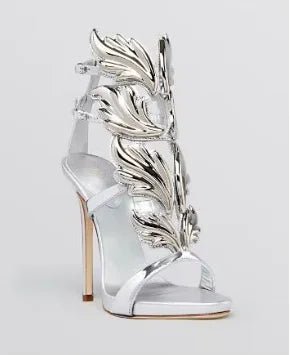 Elegant Silver High Heel Sandals with Gold Leaf Accent - GirlnamedParis