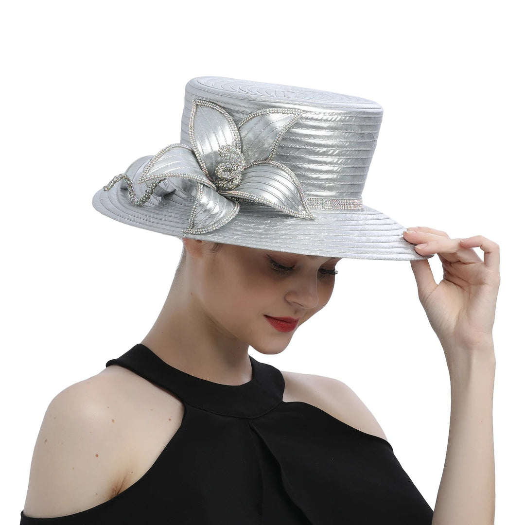 Elegant Silver Satin Church Hat with Flower Accent - GirlnamedParis