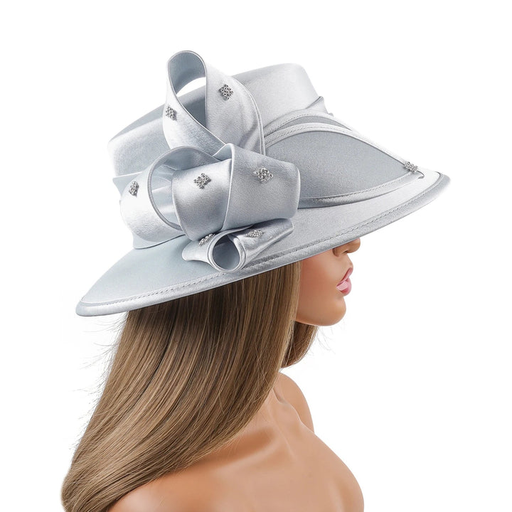 Elegant Silver Satin Church Hat with Flower Accent - GirlnamedParis