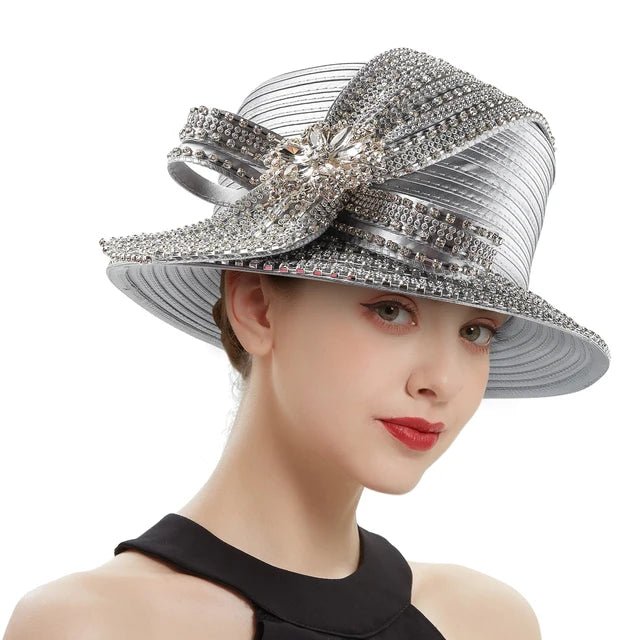 Elegant Silver Satin Church Hat with Flower Accent - GirlnamedParis