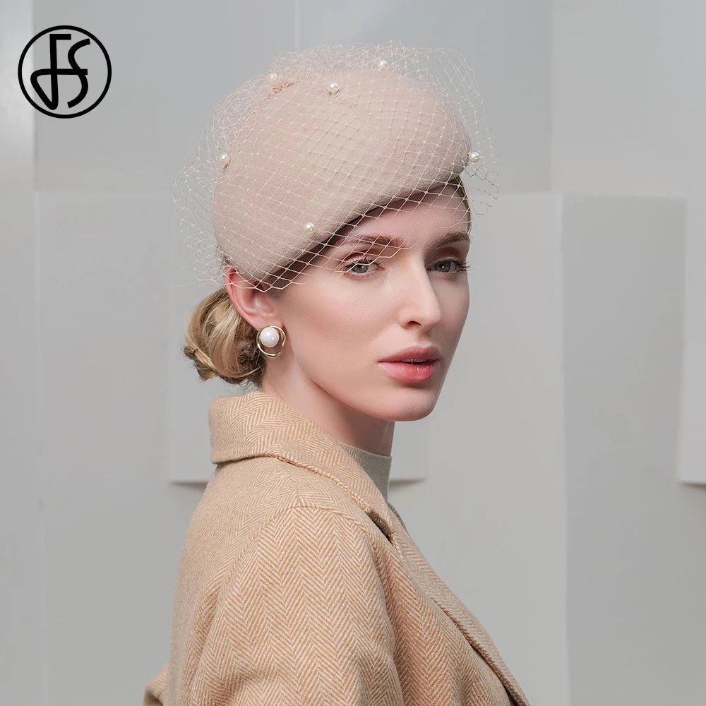 Elegant Winter Wool Fascinator Hat with Veil and Pearls - GirlnamedParis