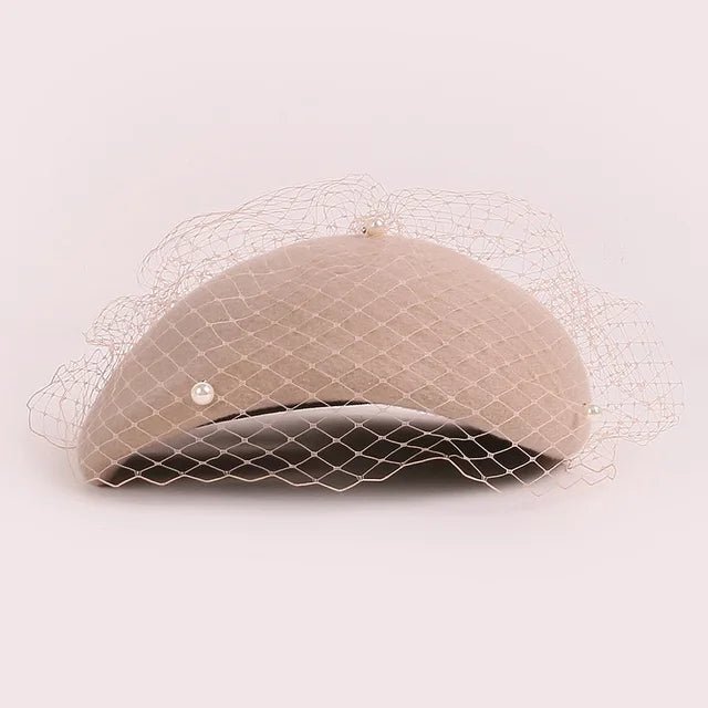 Elegant Winter Wool Fascinator Hat with Veil and Pearls - GirlnamedParis