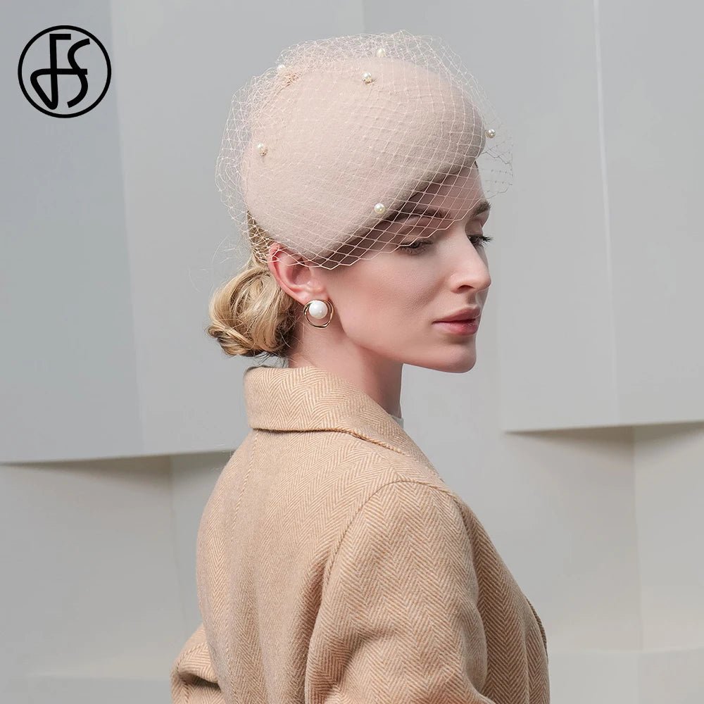 Elegant Winter Wool Fascinator Hat with Veil and Pearls - GirlnamedParis