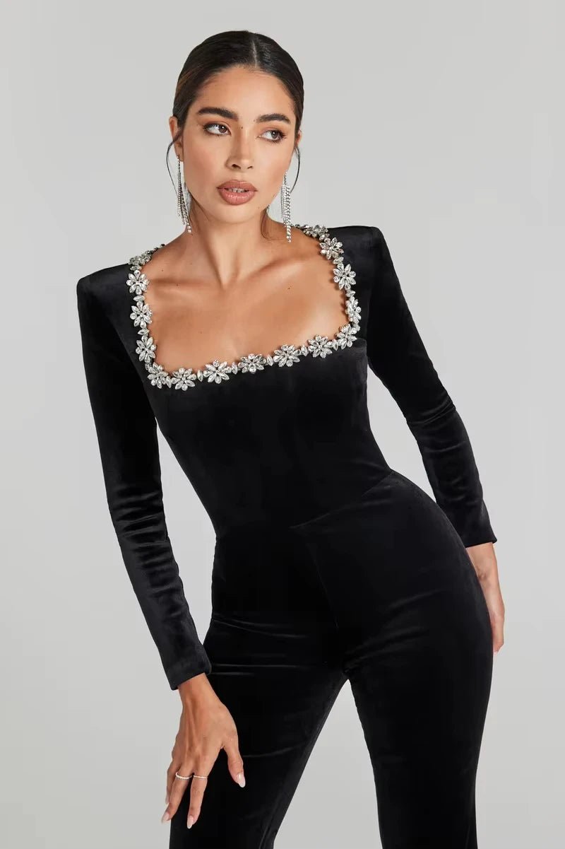 Elegant Womens Black Rhinestone Square Neck Party Jumpsuit - GirlnamedParis