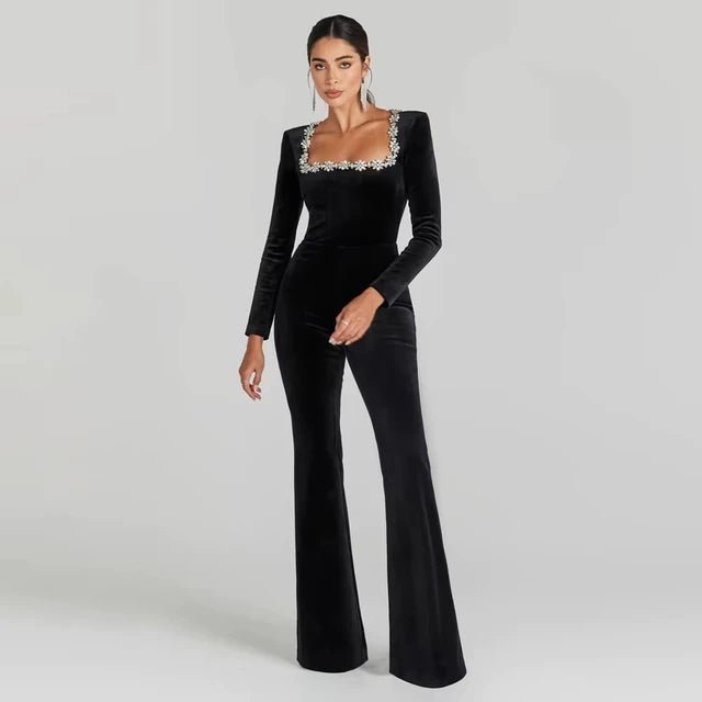 Elegant Womens Black Rhinestone Square Neck Party Jumpsuit - GirlnamedParis