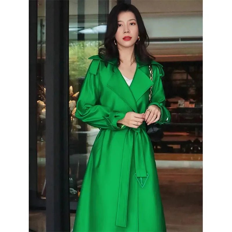 Elegant Womens MidLength Green Trench Coat SpringFall 2024 - GirlnamedParis