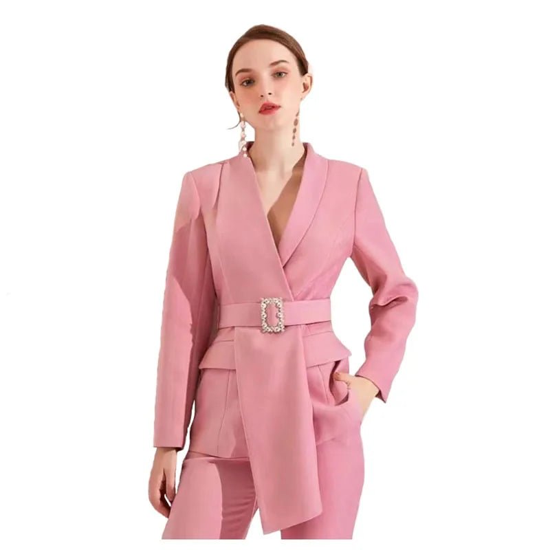 Elegant Womens Pink Belted Business Suit Set - GirlnamedParis