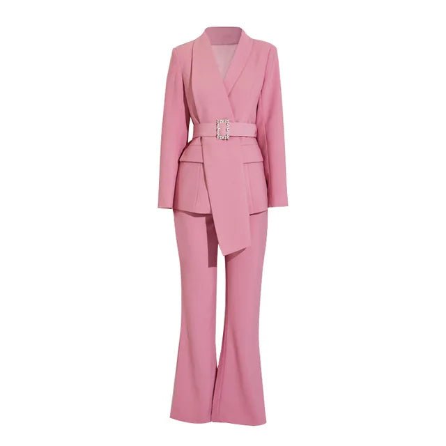 Elegant Womens Pink Belted Business Suit Set - GirlnamedParis