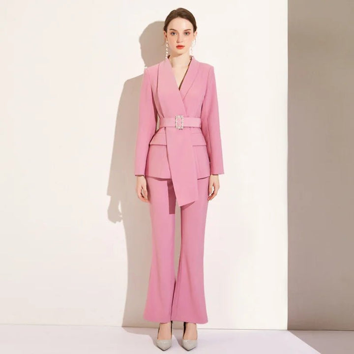 Elegant Womens Pink Belted Business Suit Set - GirlnamedParis