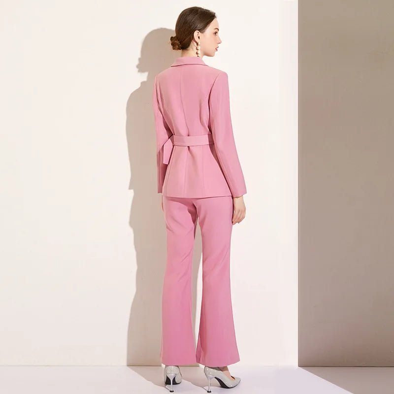 Elegant Womens Pink Belted Business Suit Set - GirlnamedParis