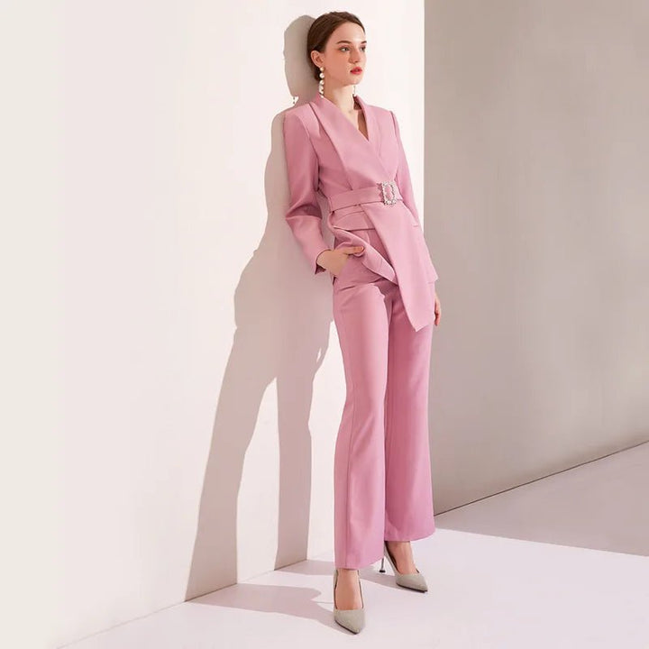 Elegant Womens Pink Belted Business Suit Set - GirlnamedParis