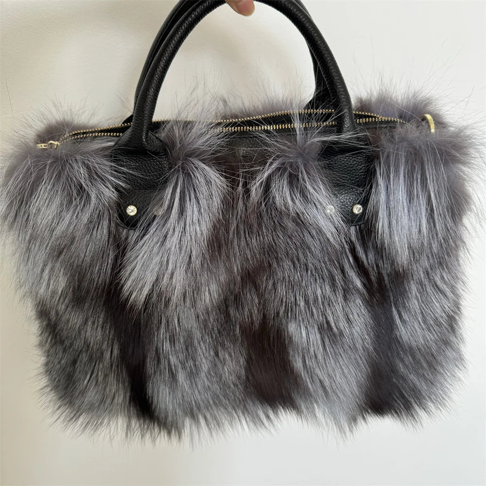 Exquisite Designer Fluffy Fox Fur Crossbody Tote - GirlnamedParis