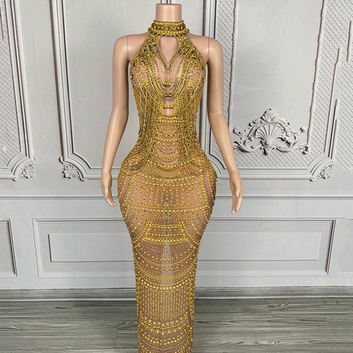 Exquisite Gold Rhinestone Party Dress Paris - Runway - GirlnamedParis