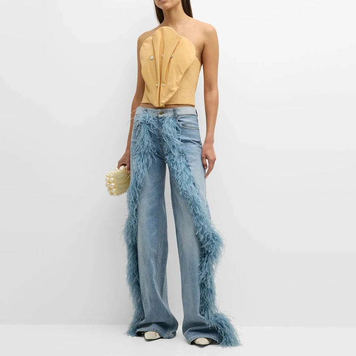 Feathered Patchwork Jeans for Women - GirlnamedParis