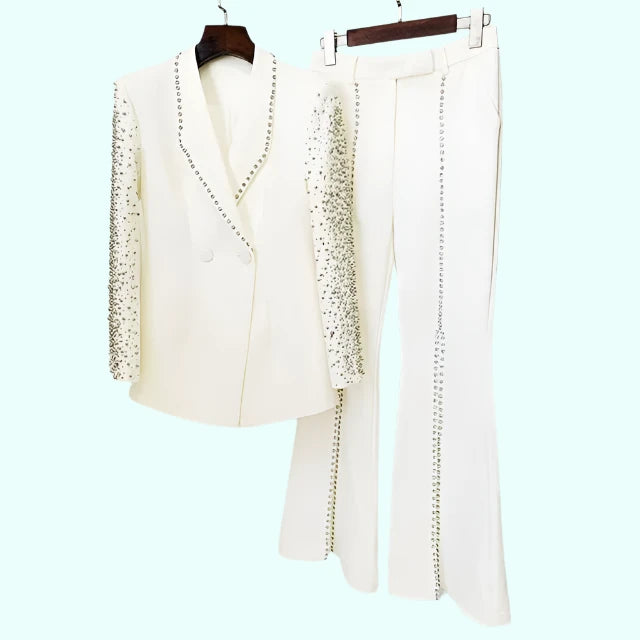 GIOIO Womens Embroidered Diamond Blazer HighWaist Pants Set - GirlnamedParis