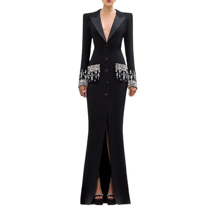 GIOIO Womens Embroidered Rhinestone Maxi Blazer Dress - GirlnamedParis