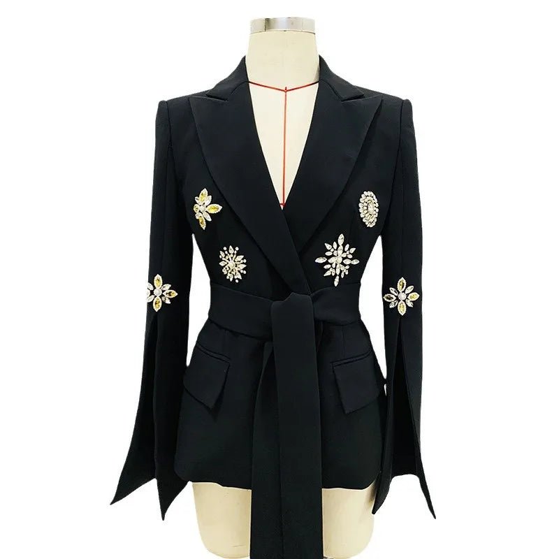 GIOIO Womens Luxury Embroidered Beaded Blazer with Belt - GirlnamedParis