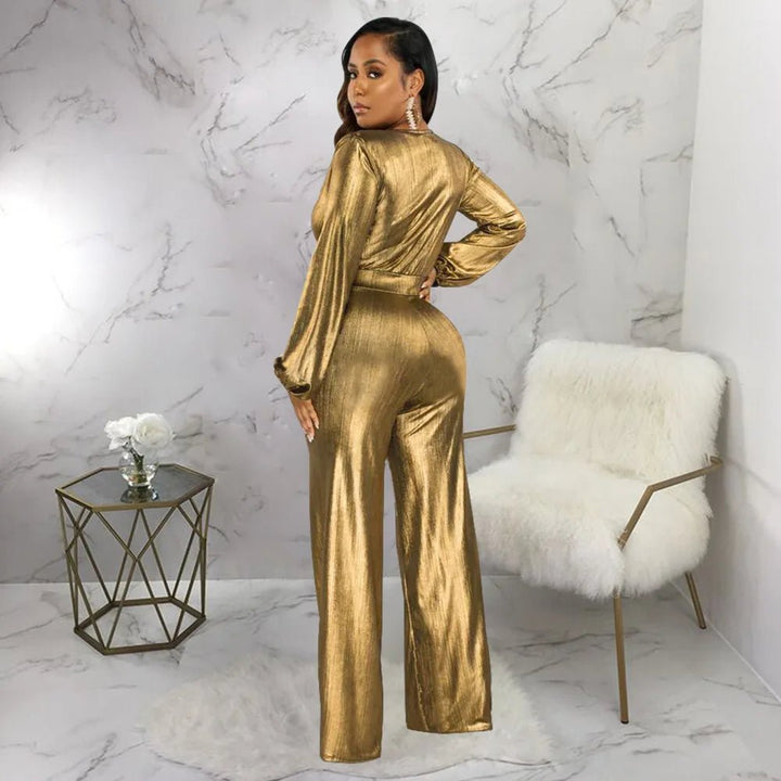 Golden Bronze Puff Sleeve Jumpsuit with VNeck for Women - GirlnamedParis