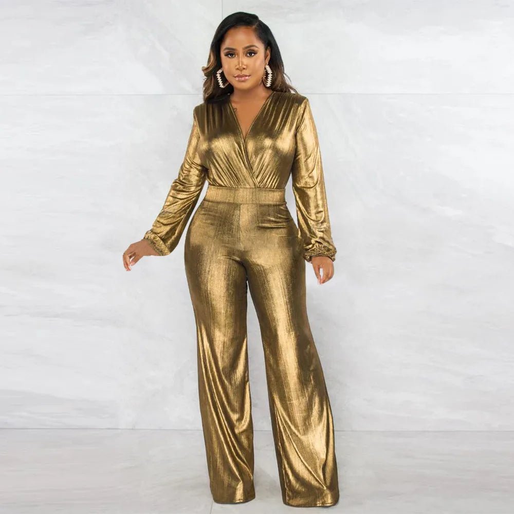 Golden Bronze Puff Sleeve Jumpsuit with VNeck for Women - GirlnamedParis