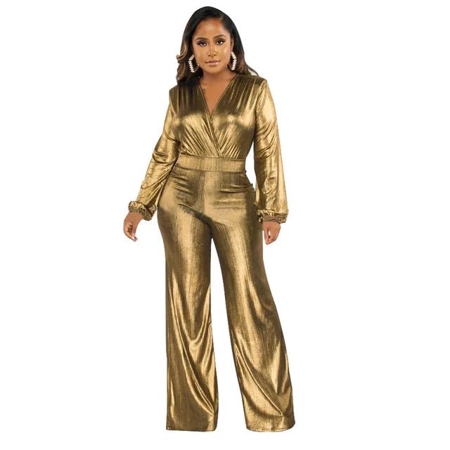 Golden Bronze Puff Sleeve Jumpsuit with VNeck for Women - GirlnamedParis