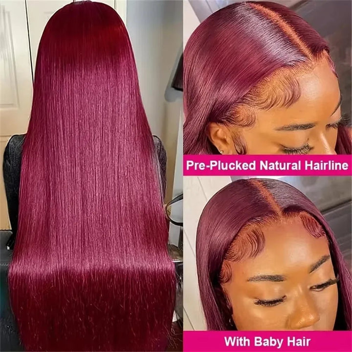 HD Lace Front Straight Human Hair Wig 200 Density 99J Burgundy - GirlnamedParis