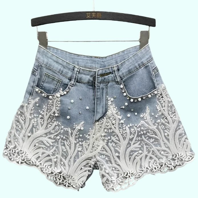 High - Waist jeweled Lace Denim Shorts - GirlnamedParis