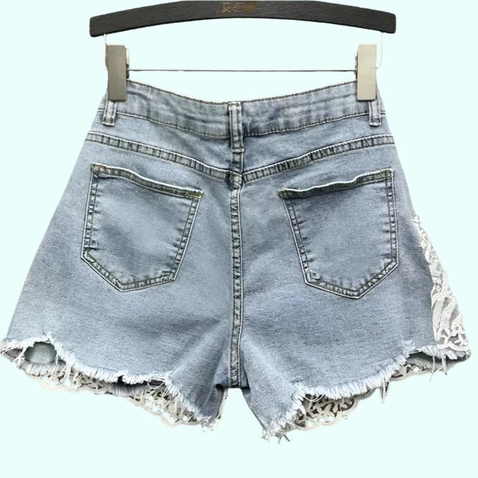 High - Waist jeweled Lace Denim Shorts - GirlnamedParis