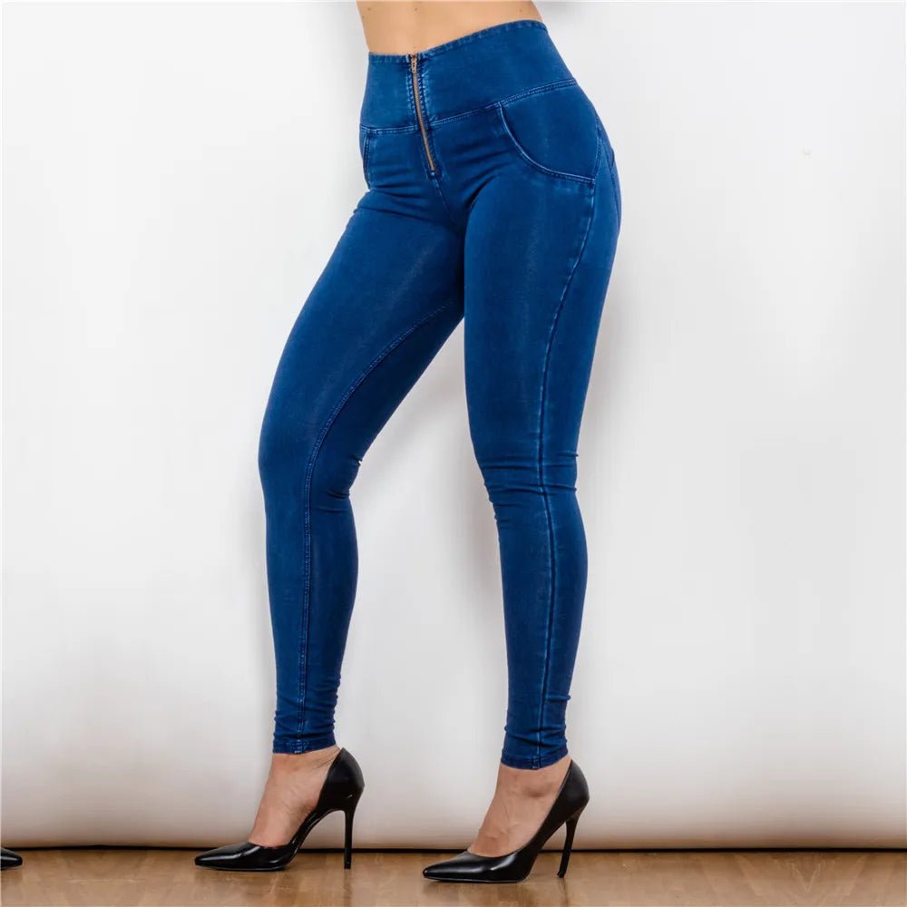 HighWaisted Blue ButtLifting Stretch Jeggings with Zipper - GirlnamedParis