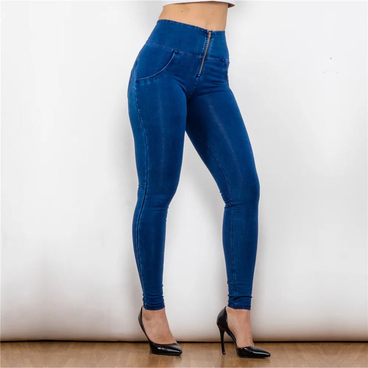 HighWaisted Blue ButtLifting Stretch Jeggings with Zipper - GirlnamedParis