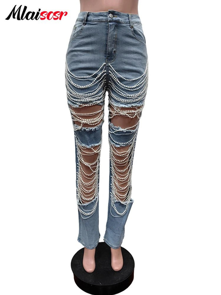 HighWaisted Distressed Jeans with Pearls for Nightclubs - GirlnamedParis