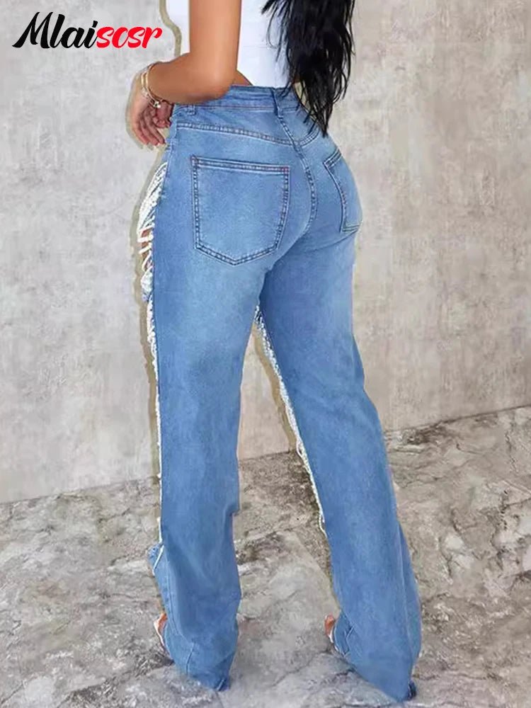 HighWaisted Distressed Jeans with Pearls for Nightclubs - GirlnamedParis