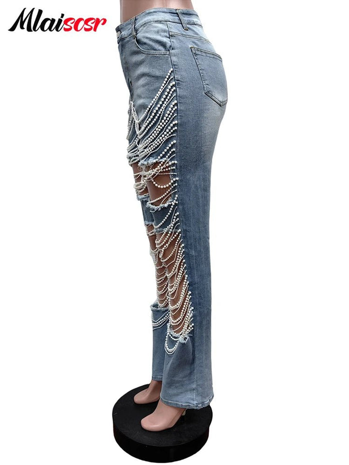 HighWaisted Distressed Jeans with Pearls for Nightclubs - GirlnamedParis