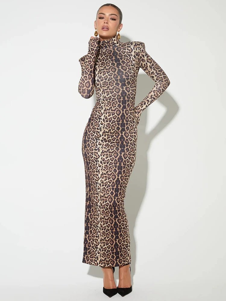 Leopard Print Turtleneck Bodycon Maxi Dress for Women - GirlnamedParis