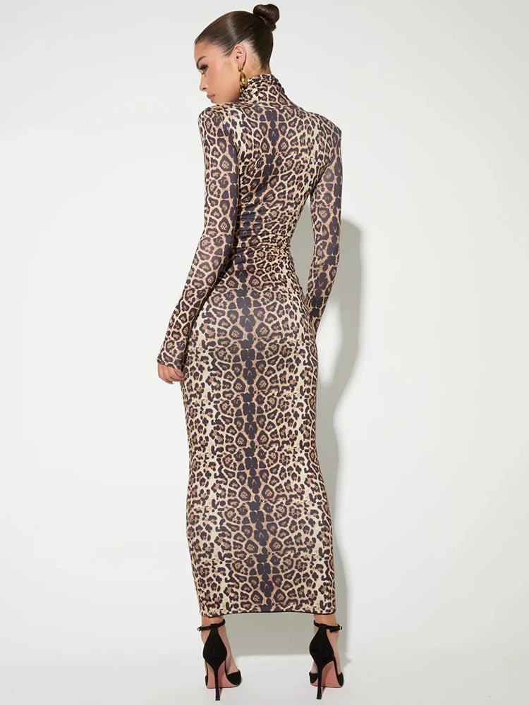 Leopard Print Turtleneck Bodycon Maxi Dress for Women - GirlnamedParis