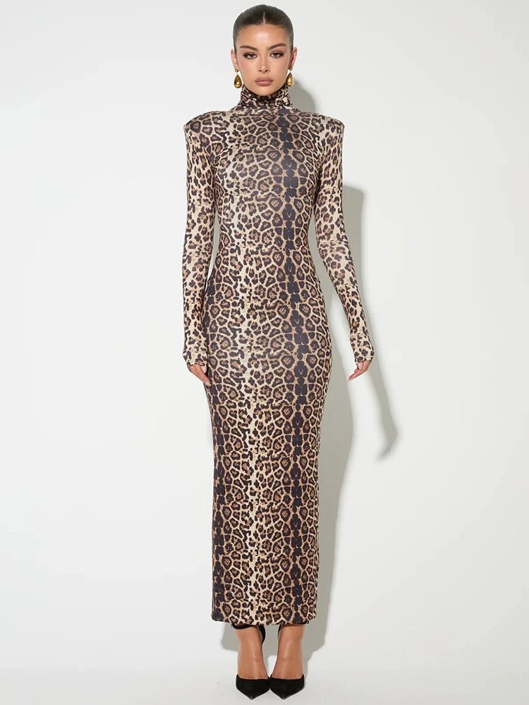 Leopard Print Turtleneck Bodycon Maxi Dress for Women - GirlnamedParis