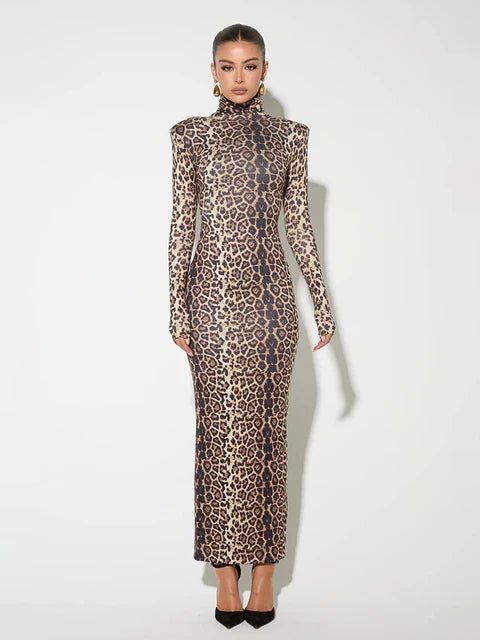 Leopard Print Turtleneck Bodycon Maxi Dress for Women - GirlnamedParis