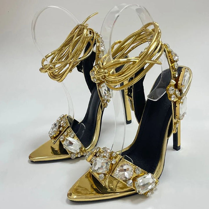 Liyke HighQuality Gold Crystal Ankle Strap Heels - GirlnamedParis