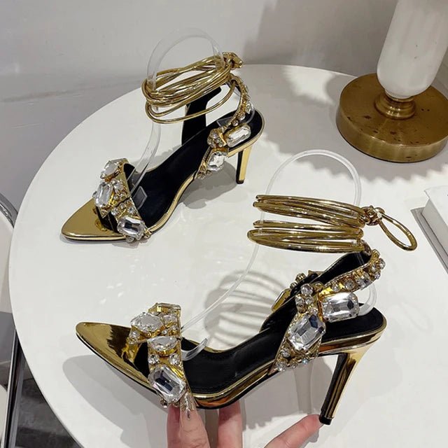 Liyke HighQuality Gold Crystal Ankle Strap Heels - GirlnamedParis