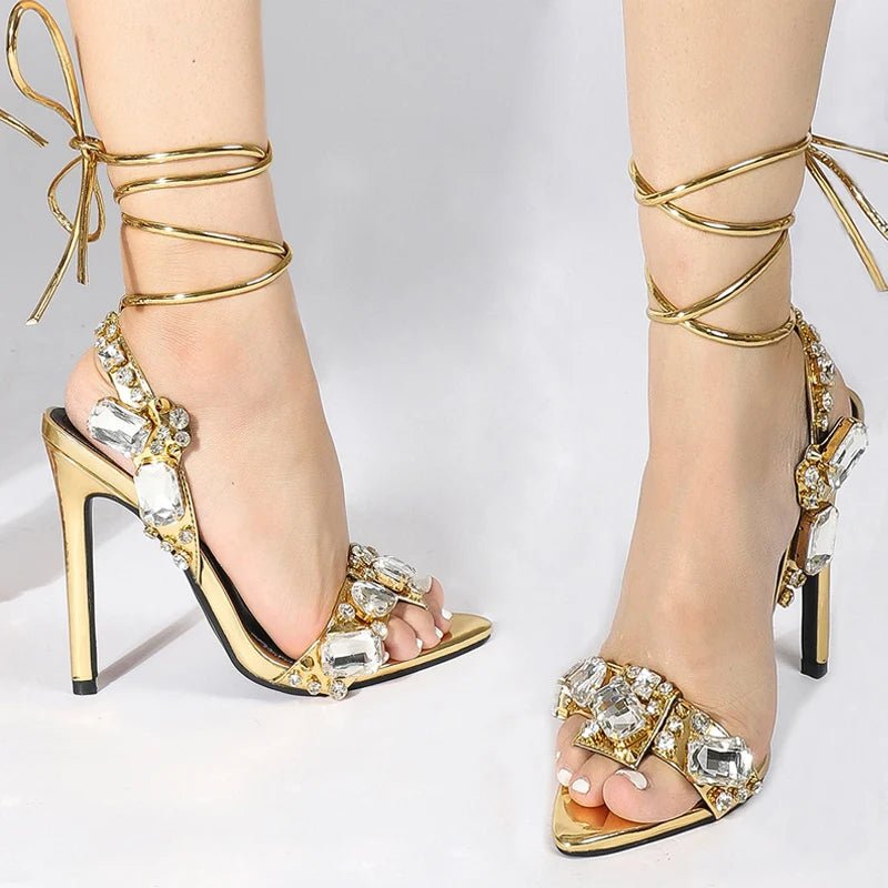 Liyke HighQuality Gold Crystal Ankle Strap Heels - GirlnamedParis