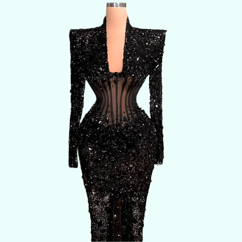 Luxurious Black Crystal Dubai Evening Gowns 2024 - GirlnamedParis